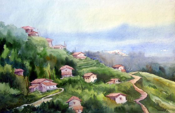Morning Mountain Village - Watercolor on Paper
