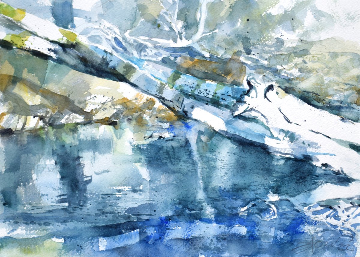 Felled trees over the river by Goran igoli? Watercolors