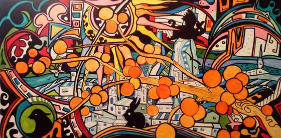 Orange cityscape #3 - Original acrylic painting- large size 100 x 50 cm ( 39' x 20')