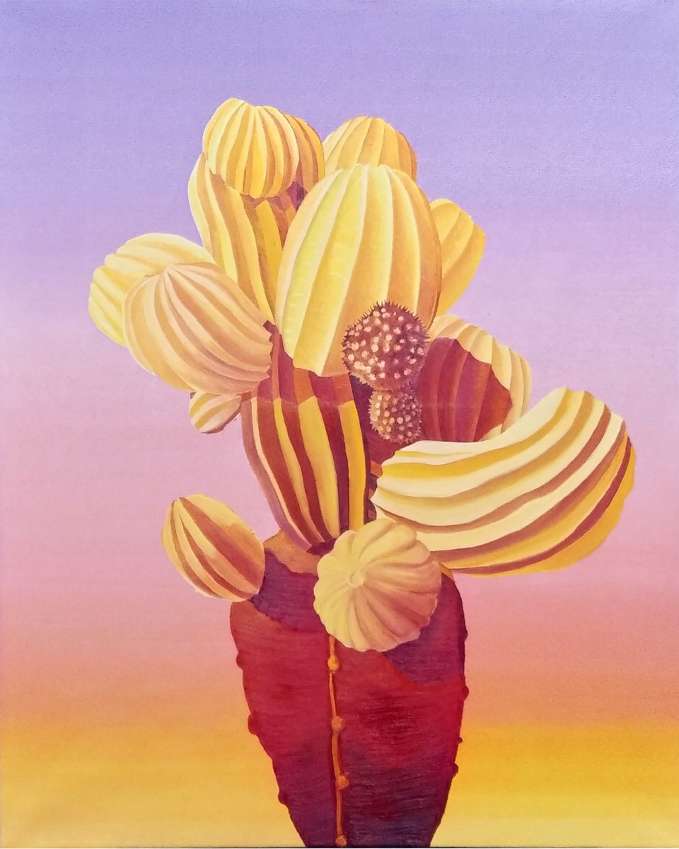 Photorealistic Botanical Oil Painting By Dominic Virtosu, 31 X 39, Orange Sunset Cactus, Original Artwork