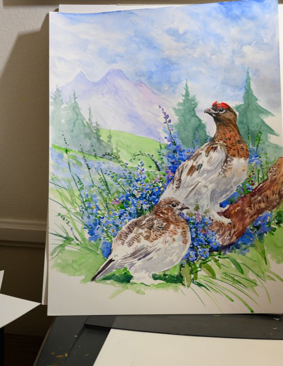 Alaska State Bird and Flower, Willow Ptarmigan and Forget Me Nots