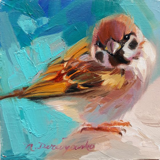 Sparrow bird painting original 4x4, Sparrow oil art turquoise framed, Mini picture of birds in frame, Art gift for Mom