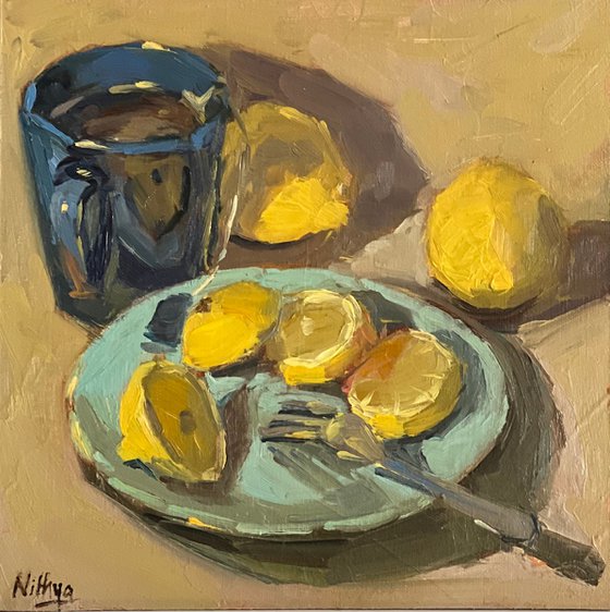 Still life Oil Painting - Lemon slices and tea