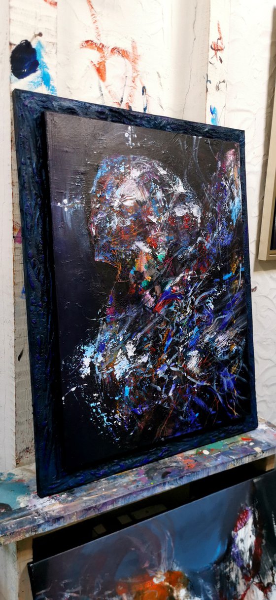 Metaphysical dark blue abstract angel by master artist OVIDIU KLOSKA