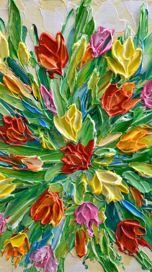 Spring Tulips - Impasto Flower Painting, Colorful Palette Knife Floral Artwork, Small Canvas, Gift for Mom by Olga Tkachyk