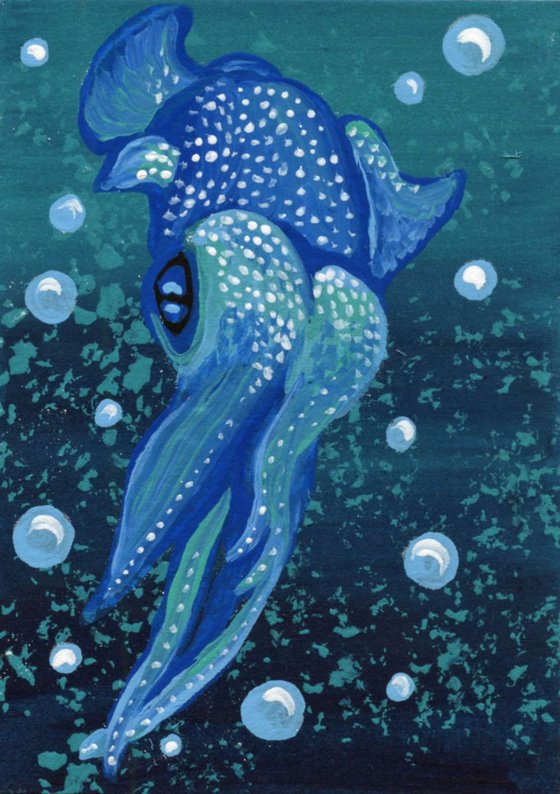 ACEO ATC Original Painting Reef Squid Marine Wildlife Art-Carla Smale