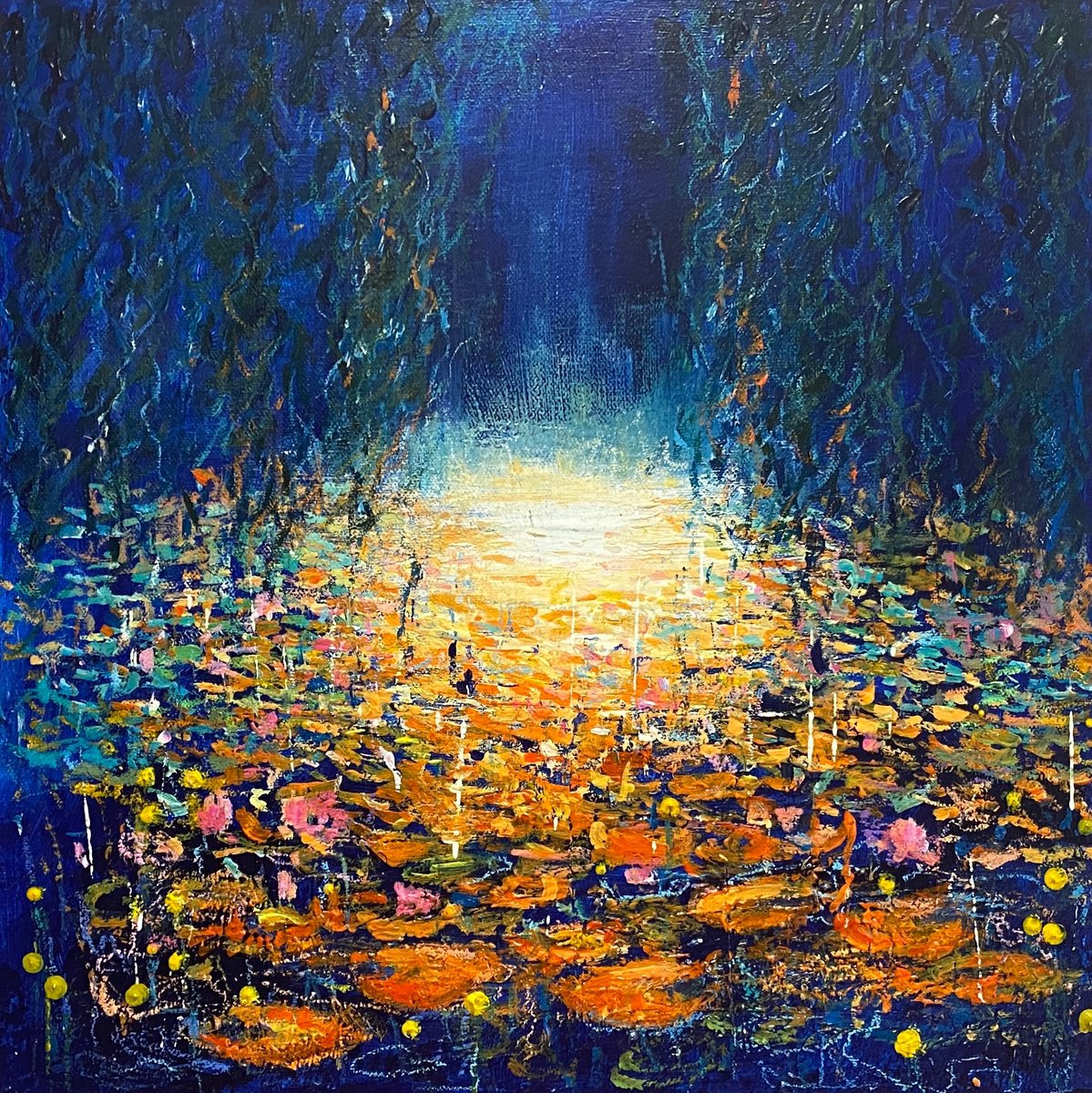 Impressionistic Landscape Acrylic Painting By Teresa Tanner, 16 X 16", Blue Vibrant Waterlily Pond, Original Artwork