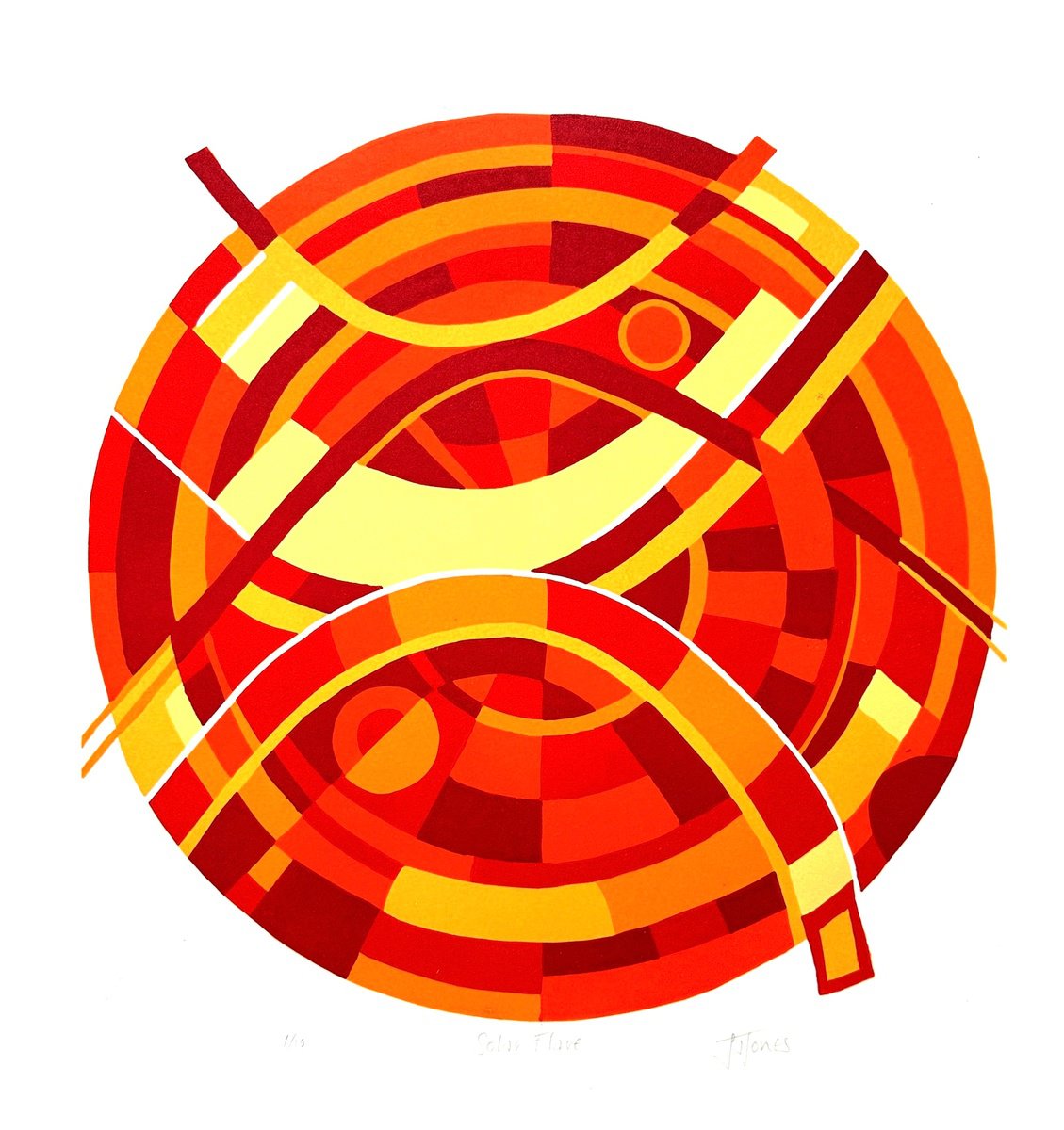 Geometric Abstract Linocut By Jacqui Jones, 15 X 15, Solar Flare, Original Artwork