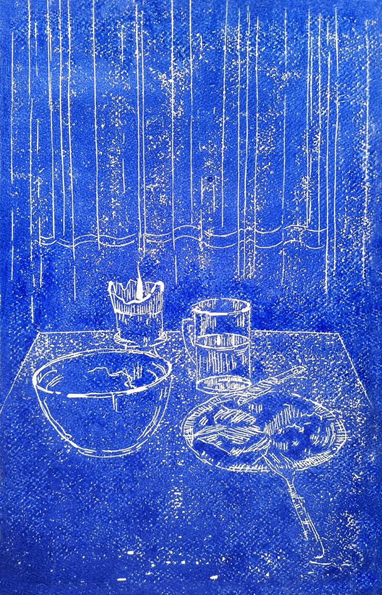 Illustrative Still Life Linocut By Zlatina Krusteva, 14 X 20", "Blue Evening", Original Artwork