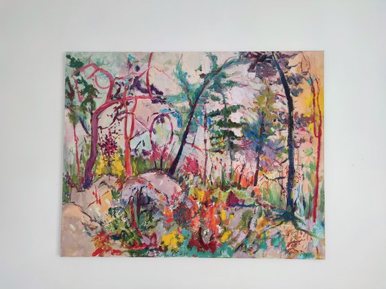 Impressionist outdoor abstract painting about the forest, "Symbiosis of scars"
