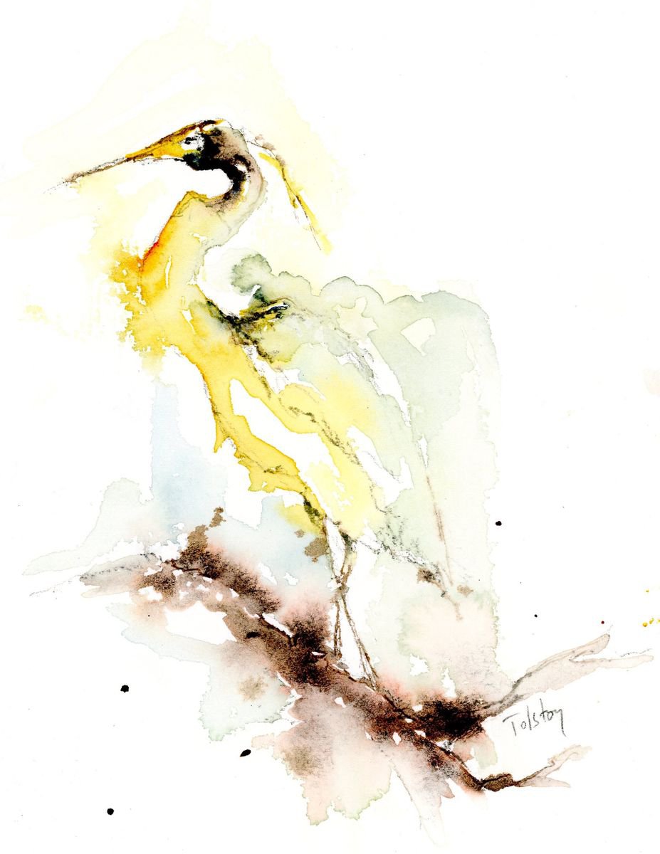 Impressionistic Animal Watercolour By Alex Tolstoy, 10 X 14, Egret, Original Artwork
