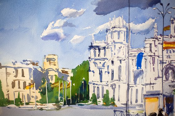 View of Cibeles square in Madrid. Medium size urban landscape watercolor with contrast
