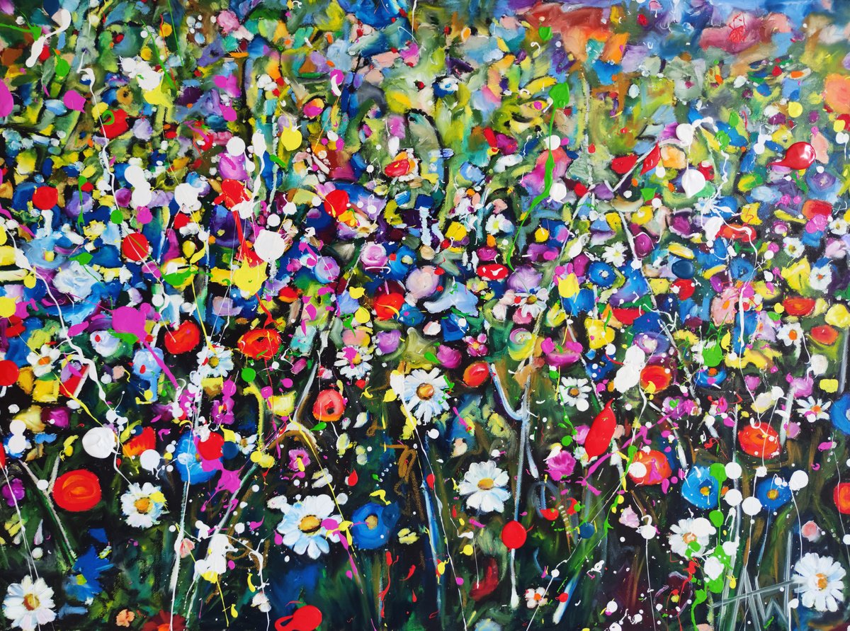 Abstract Botanical Oil Painting By Angie Wright, 31 X 24, Meadow Song, Original Artwork