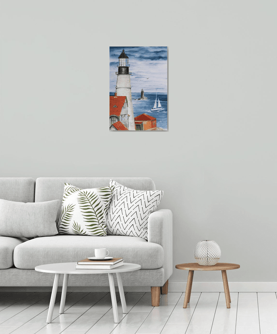 "Portland Lighthouse" Original oil painting, for portrait wall hanging.