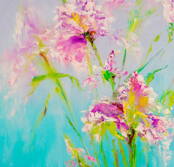 MOMENTS FROM DREAMS - Air flowers. Pink irises. Lovely bouquet. Present. Gradient. Botanical. Blue background.