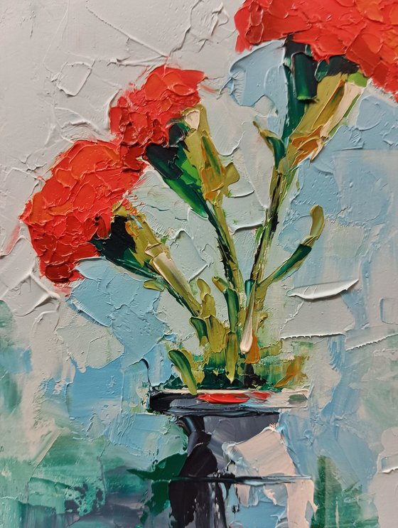 Carnation flowers in vase. Still life for gift