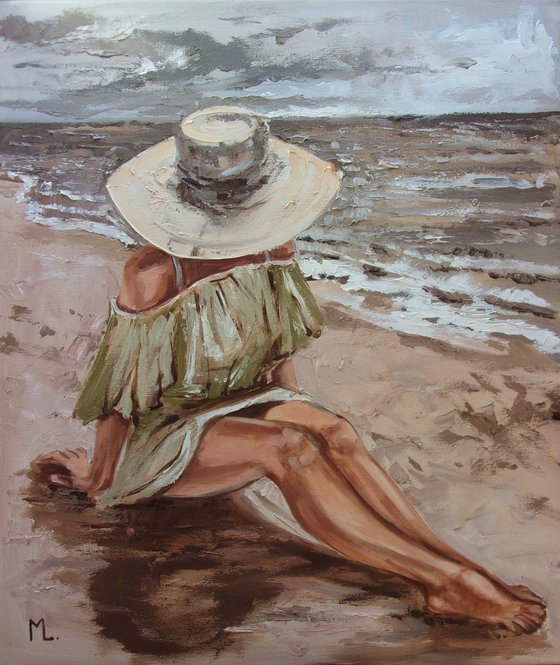 " IN A HAT ... "- SKY SEA SAND liGHt  ORIGINAL OIL PAINTING, GIFT, PALETTE KNIFE