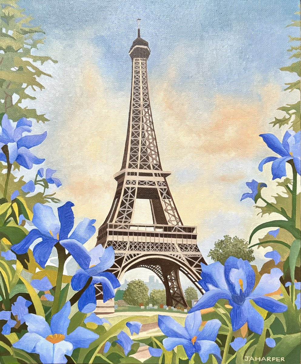 Surrealistic Landscape Oil Painting By Jill Ann Harper, 12 X 14, Eiffel Tower With Fleur-De-Lys, Original Artwork
