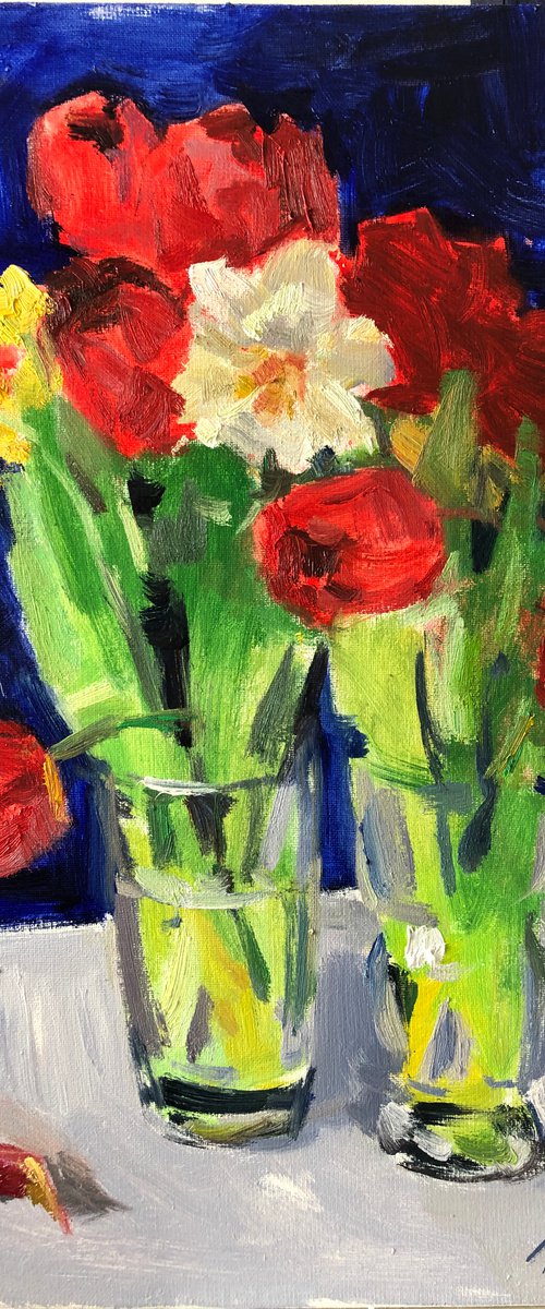 Red Tulips on blue by Nataliia Nosyk