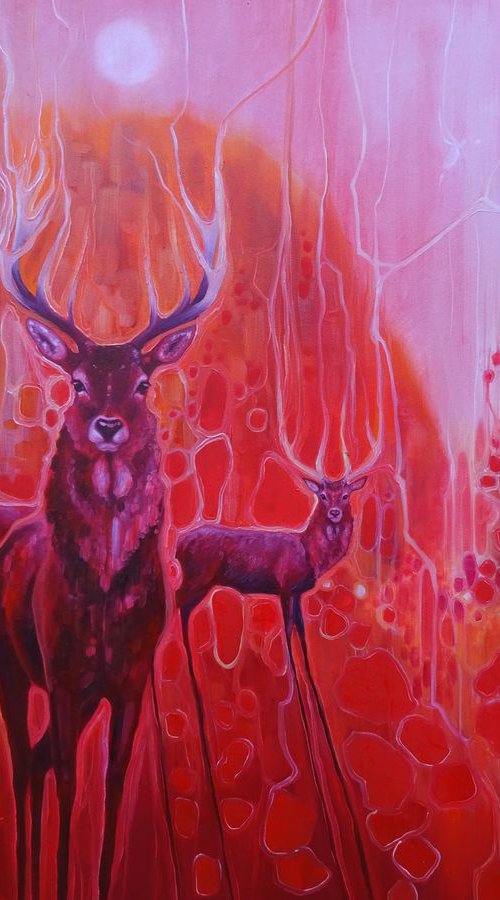 Red Magic - A Red painting with red deer at dawn by Gill Bustamante