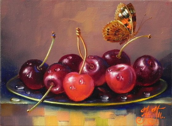 "Cherry still life" Original art Framed
