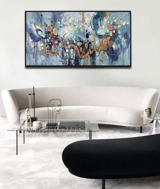 Finding Daylight - Abstract Painting 60" x 30" Large Abstract Gold Leaf Soft Colors White Gray Painting