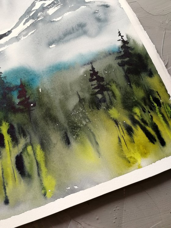 Foggy mountain painting