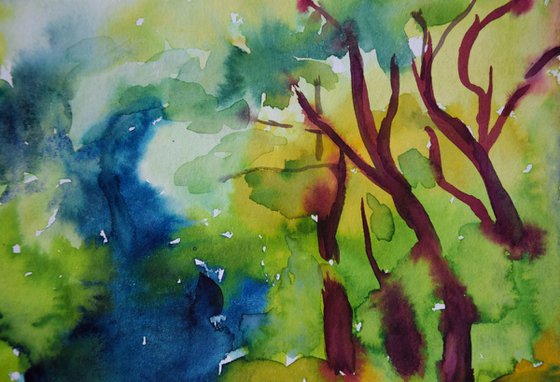 Blooming forest abstract landscape, original watercolor painting, Botanical garden