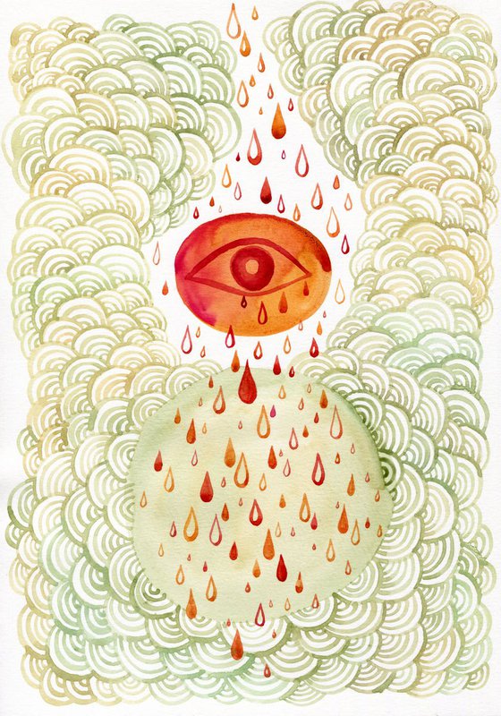 Abstract watercolor with eye and red rain