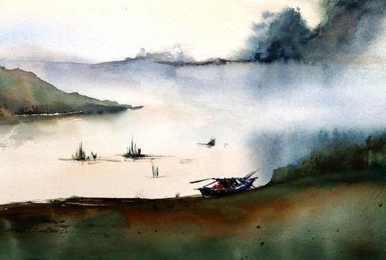 Foggy Lake - Watercolor Landscape - Nature Art