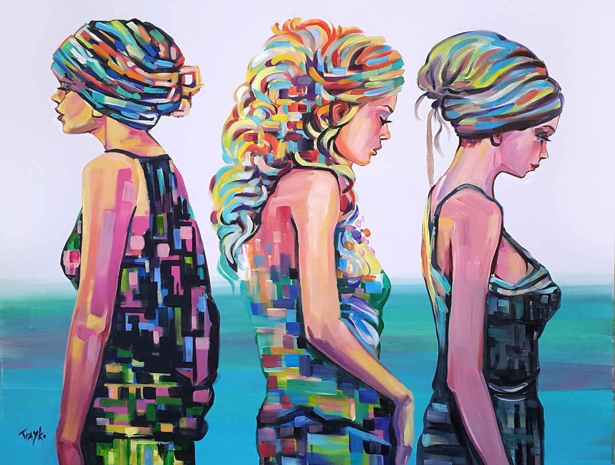 Abstract Portrait Acrylic Painting By Trayko Popov, 39 X 28", Saturday Afternoon, Original Artwork