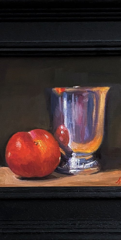 Plum & Silver Pot Still Life original oil realism painting, with wooden frame. by Jackie Smith