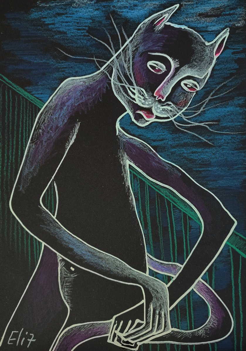 Expressive Animal Drawing By Elisheva Nesis, 9 X 13, Wind In The Whiskers, Original Artwork