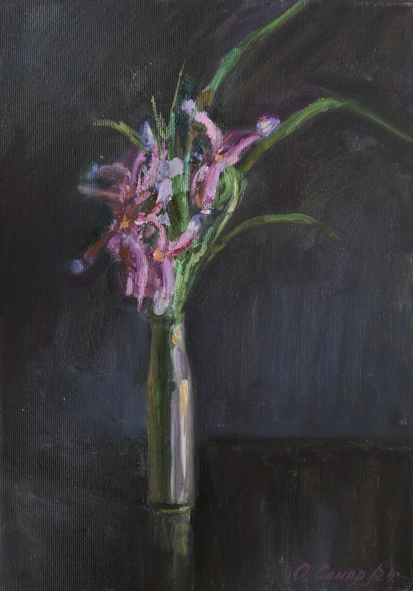 Impressionistic Botanical Oil Painting By Olga Samar, 10 X 14", Military Sleeve. Irises., Original Artwork