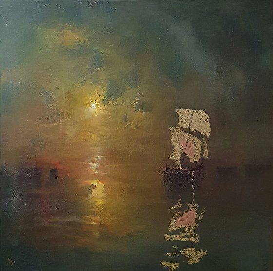 " Harbor of destroyed dreams - Emerald Night " W 110 x H 110 cm