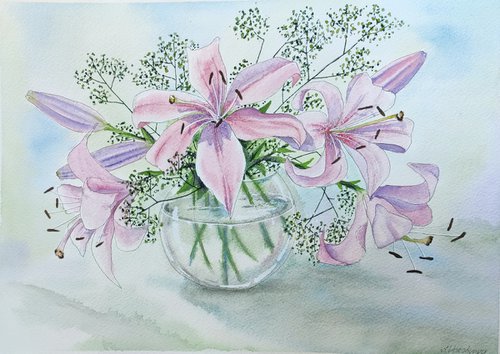 Lilies in a glass vase. Watercolor painting by Svetlana Vorobyeva by Svetlana Vorobyeva