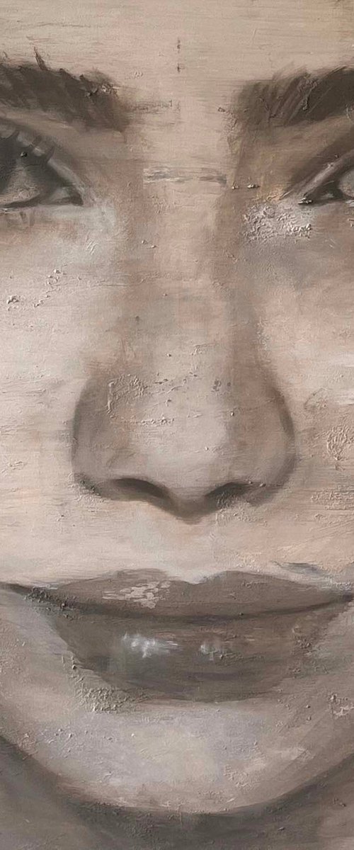 Beige portrait female model contemporary portrait large painting oil on canvas ready to hang Painting by RK H by Renske Karlien Hercules