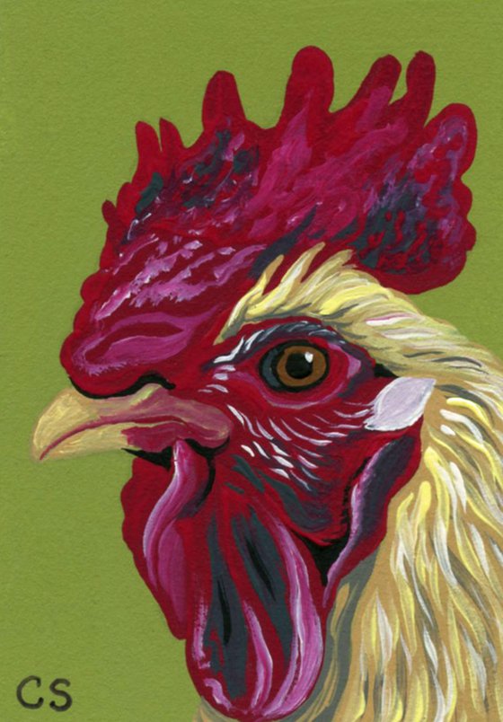 ACEO ATC Original Miniature Painting Rooster  Chicken Farmyard Art-Carla Smale