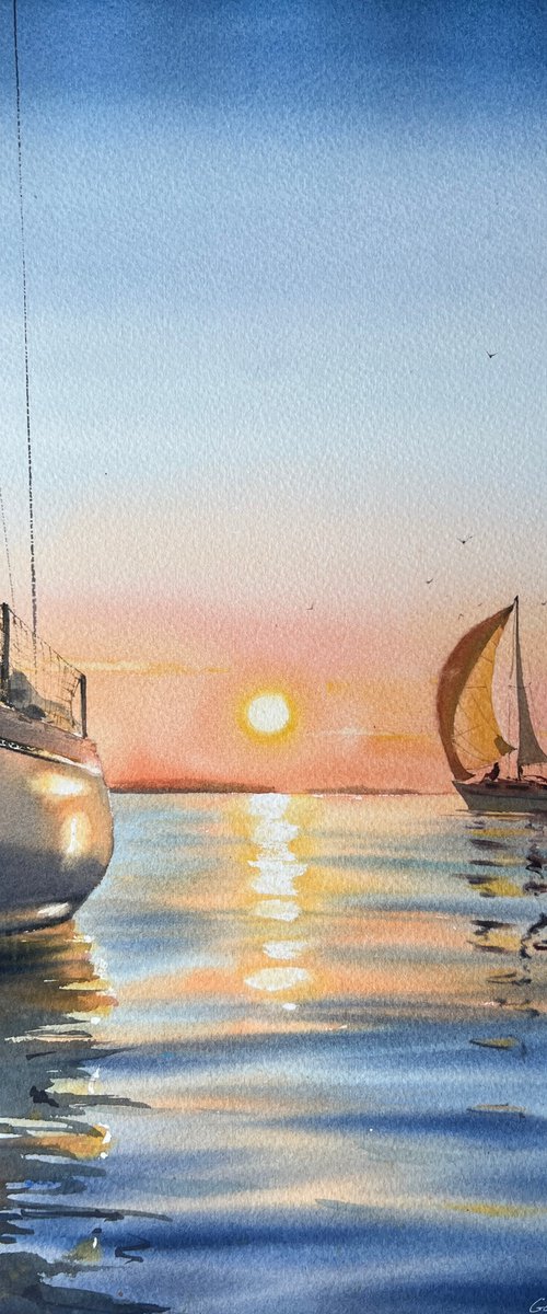 Yachts at sunset #9 by Eugenia Gorbacheva