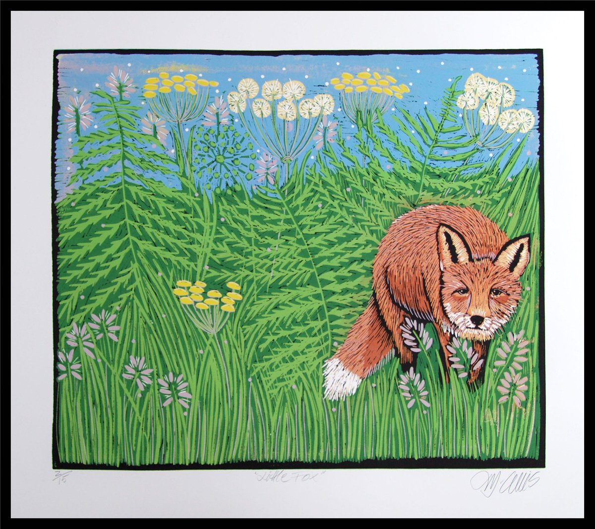 Little Fox, large linocut reduction by Mariann Johansen-Ellis
