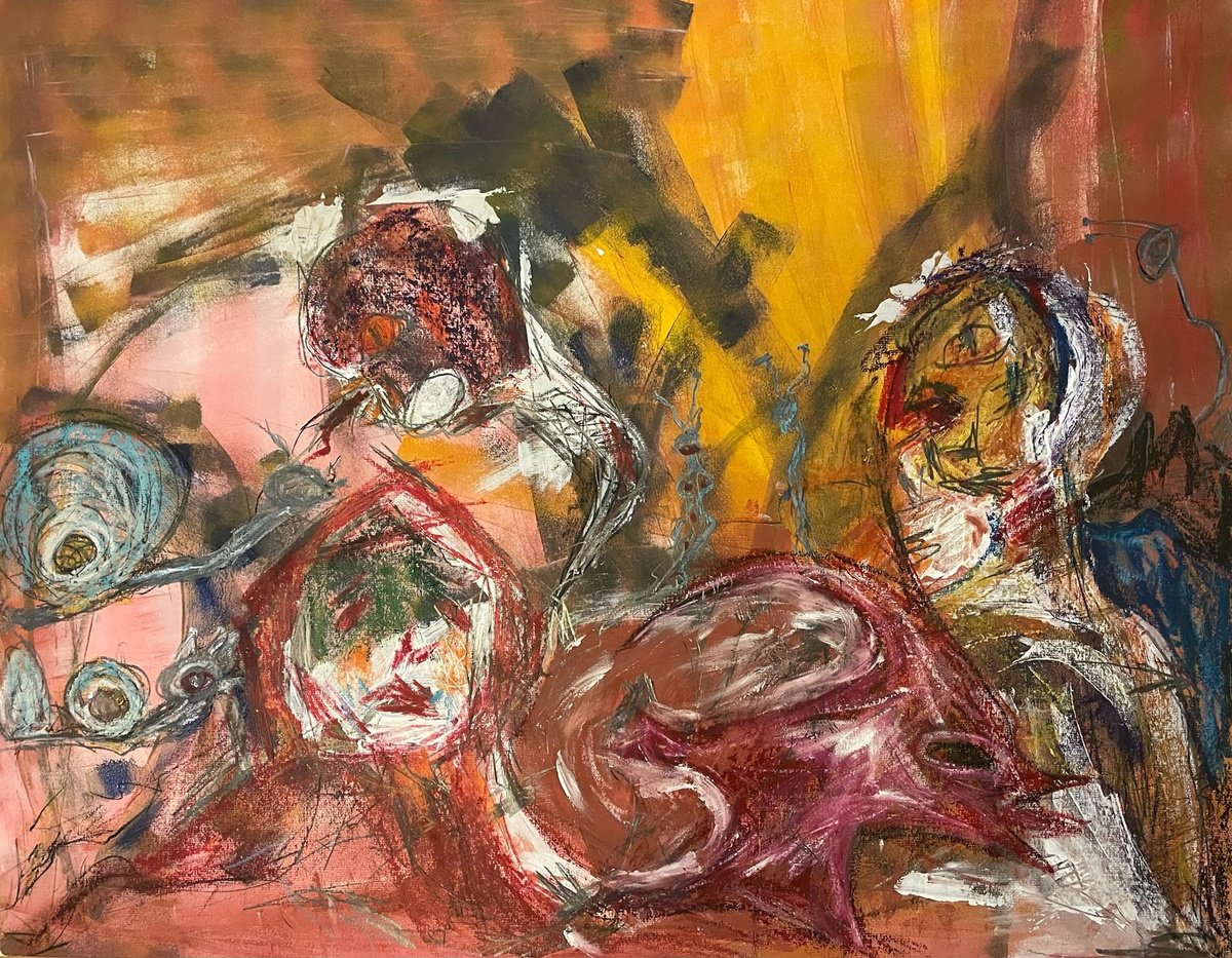 Surrealistic Abstract Acrylic Painting By Christel Haag, 39 X 31, Midsummer Fairy Tale, Original Artwork