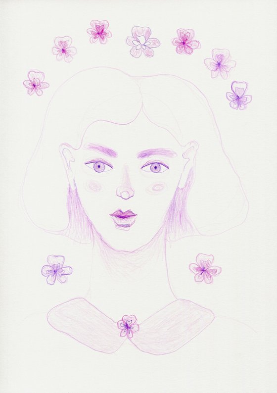 Original colored pencils drawing - portrait in purple