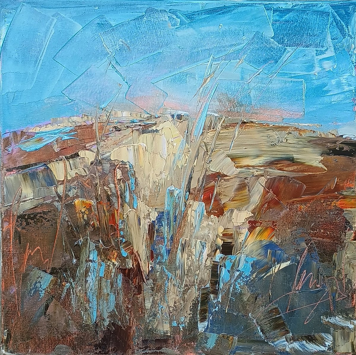 Expressive Landscape Oil Painting By Emilia Milcheva, 16 X 16, Screaming Blues, Original Artwork