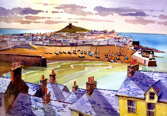 Over the Rooftops, St Ives, Cornwall. Beach, boats, sunset.