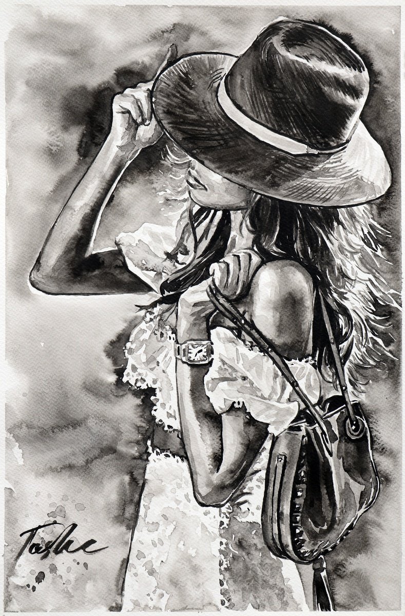 Urban And Pop Portrait Ink Drawing By Tashe, 12 X 18", Provence Dreams, Original Artwork