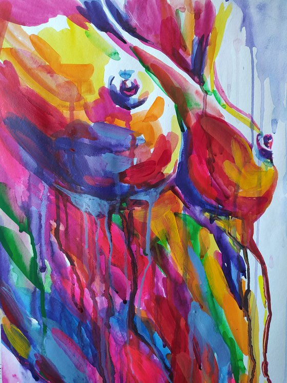 Woman in the rain - erotic, nude, woman, woman body, nu, Mixed-media, girl, watercolor painting, acrylic, body