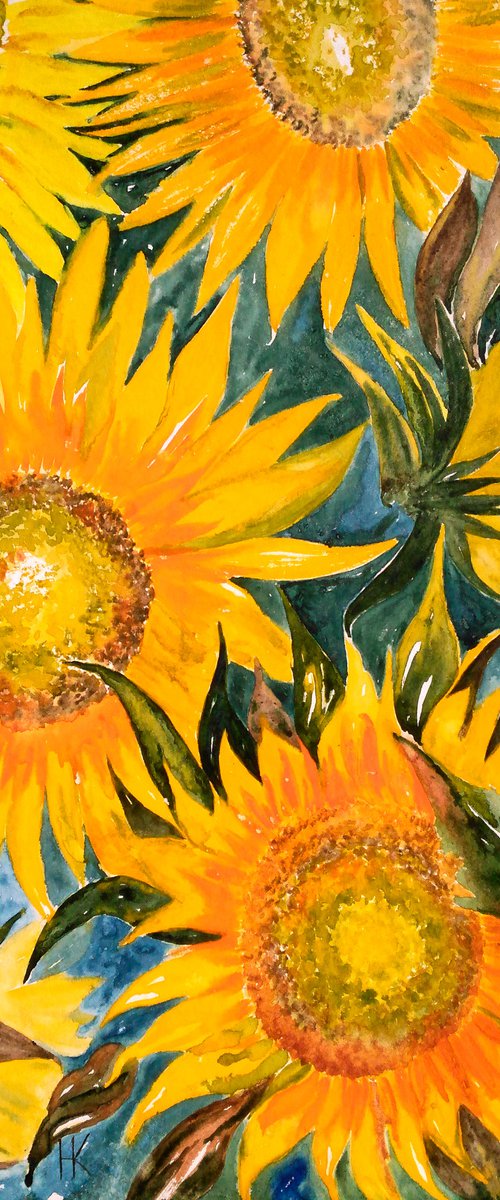 Sunflowers Painting Floral Original Art Flowers Small Watercolor Artwork Home Wall Art 12 by 17" by Halyna Kirichenko by Halyna Kirichenko