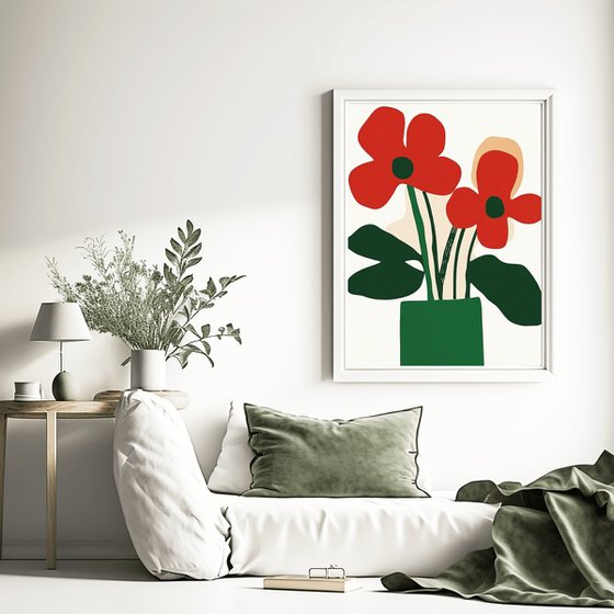 Red Flowers in Green Vase