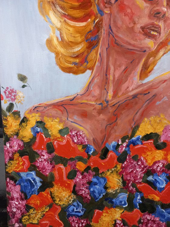Creative vibe. 70x60cm Abstract woman portrait. Colorful flowers painting 2023