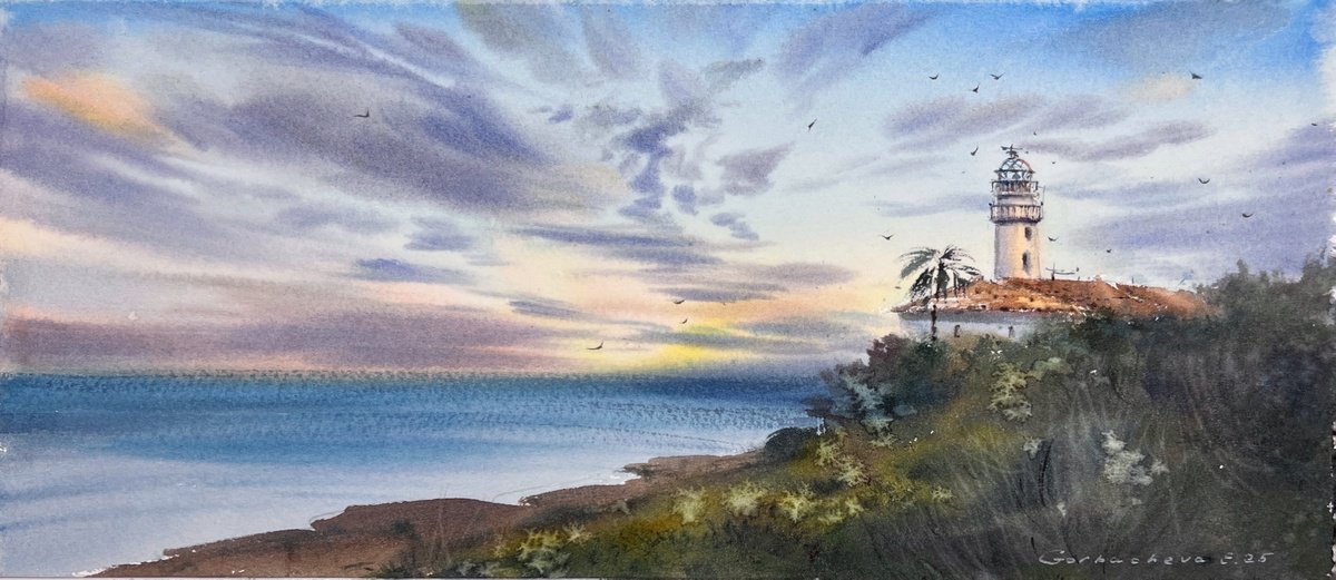 Impressionistic Landscape Watercolour By Eugenia Gorbacheva, 15 X 6, Lighthouse At Sunset #7, Original Artwork
